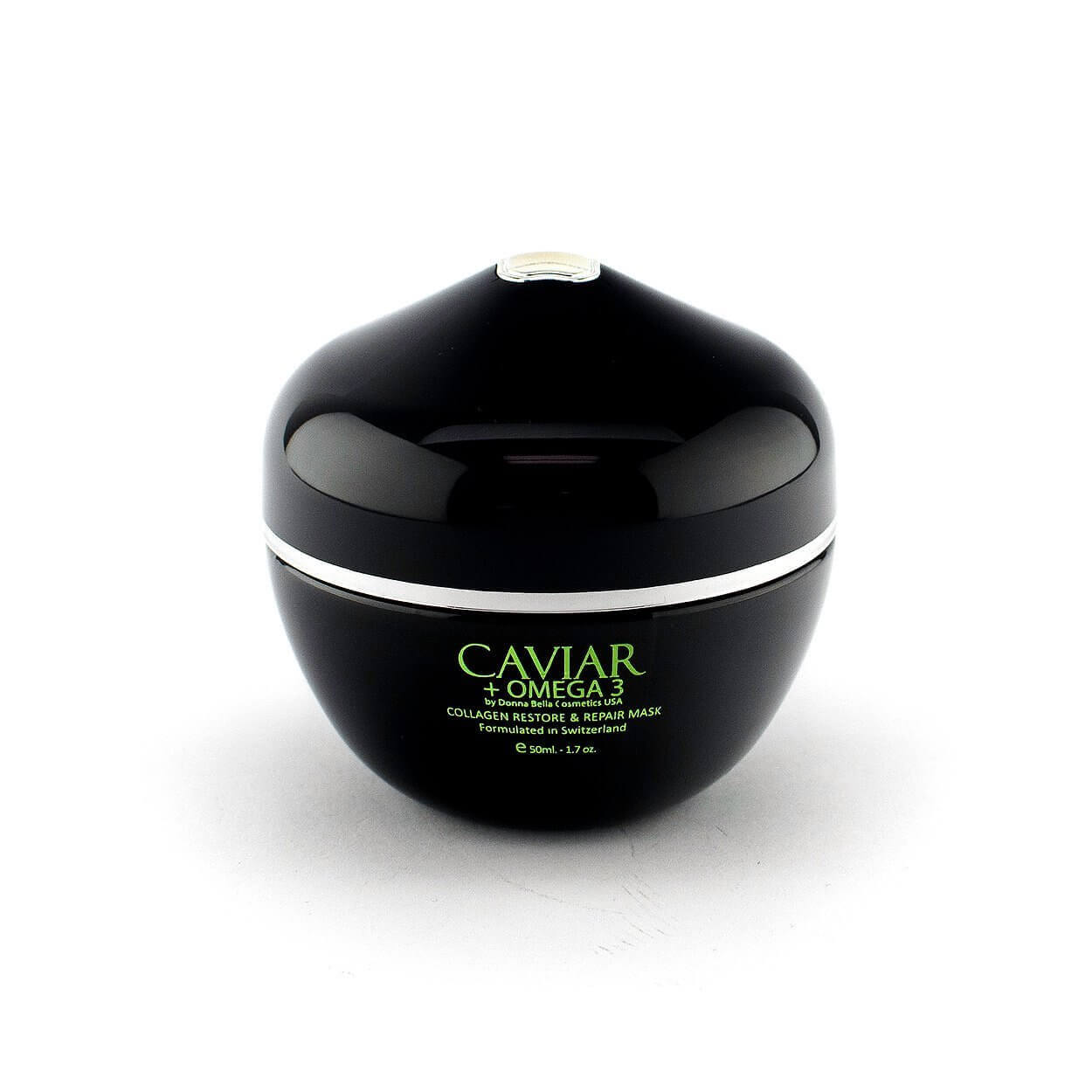 Caviar + Omega 3 Collagen Restore & Repair Mask in sleek black jar for intense moisture and skin firming.