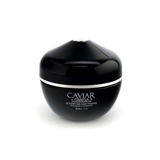 Caviar + Omega 3 Detoxifying Daily Peeling cream in a sleek black jar for a brighter, smoother complexion.