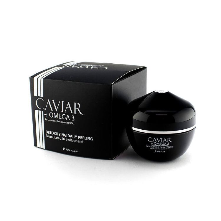 Donna Bella Caviar + Omega 3 Detoxifying Daily Peeling jar and box, promoting smoother, brighter skin.