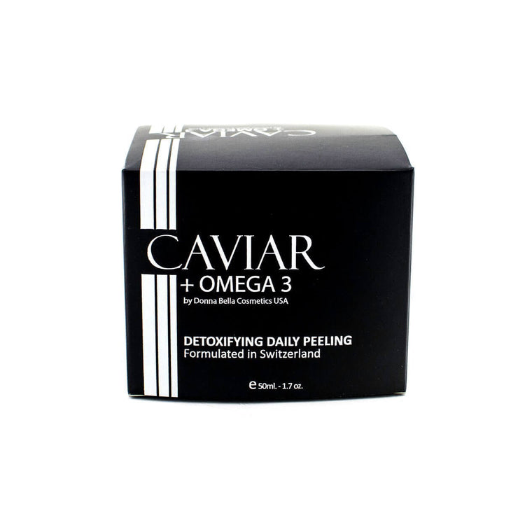 Caviar + Omega 3 Detoxifying Daily Peeling box by Donna Bella, formulated in Switzerland, 50ml size.