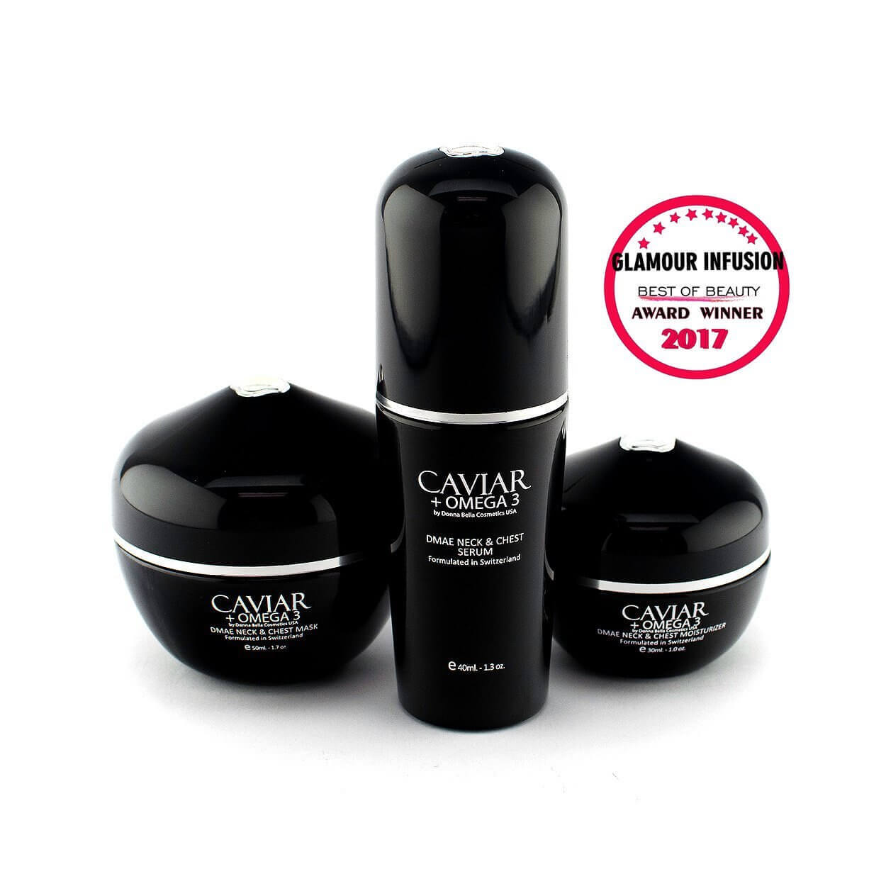 Caviar + Omega 3 DMAE Neck & Chest Set in sleek black packaging, award-winning skincare solution for wrinkles.