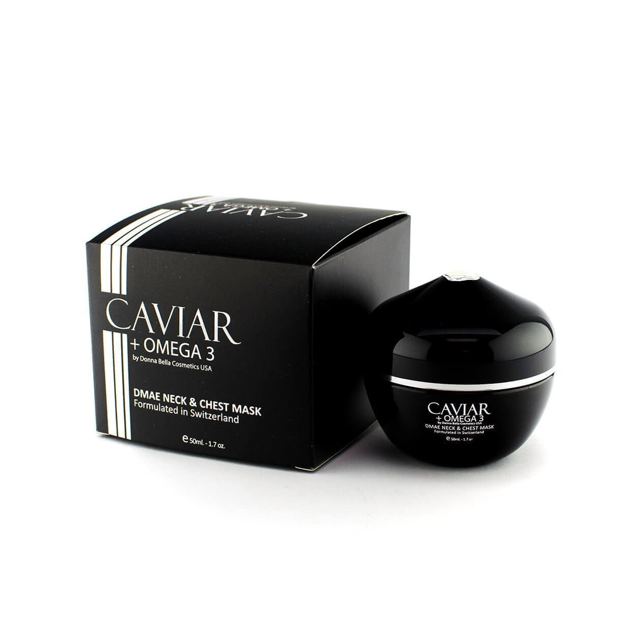 DMAE Neck & Chest Mask in a sleek black jar, promoting skin lifting and hydration with caviar and Omega 3.