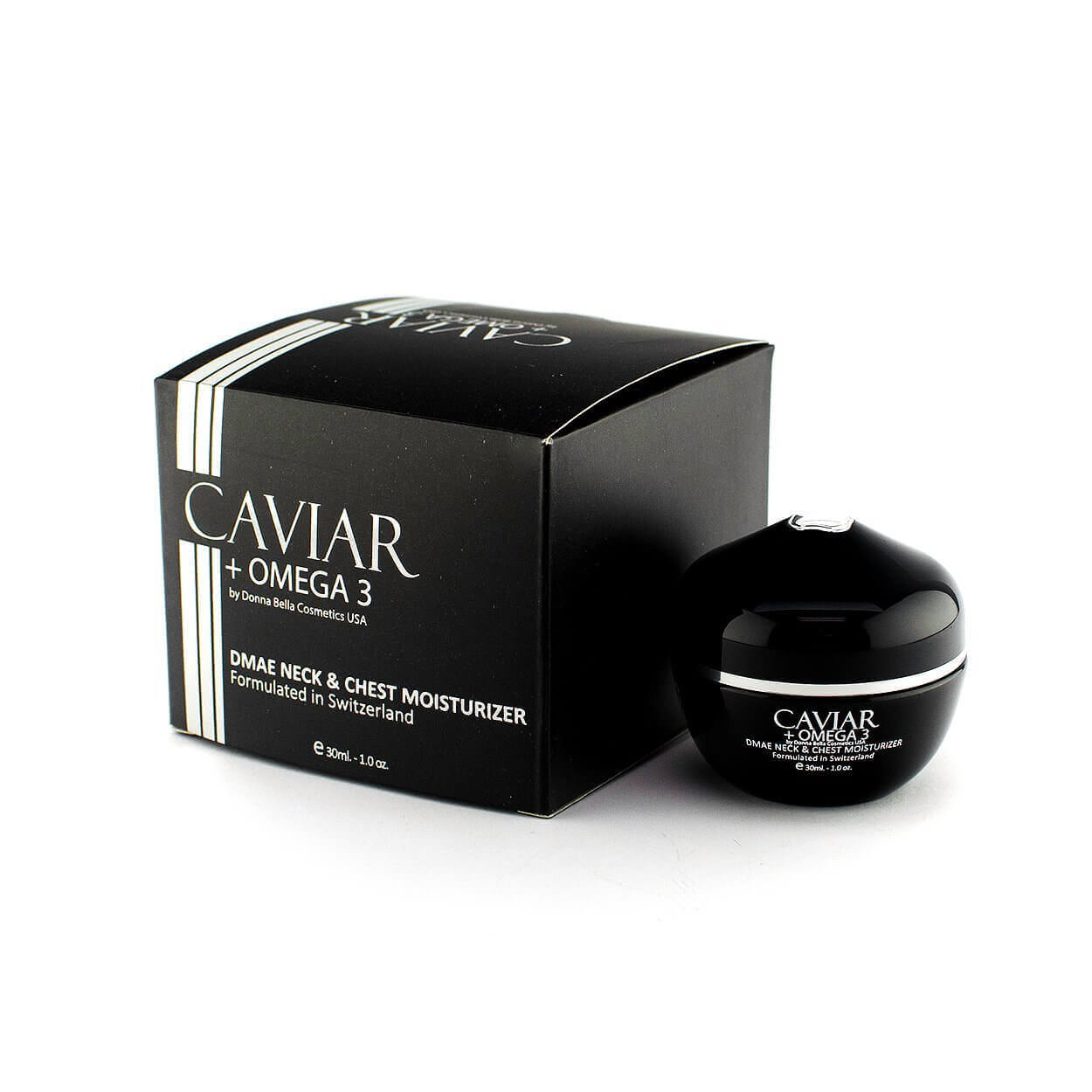 DMAE Neck & Chest Moisturizer with Caviar and Omega 3 in a sleek black jar, perfect for improving skin tone and reducing wrinkles.