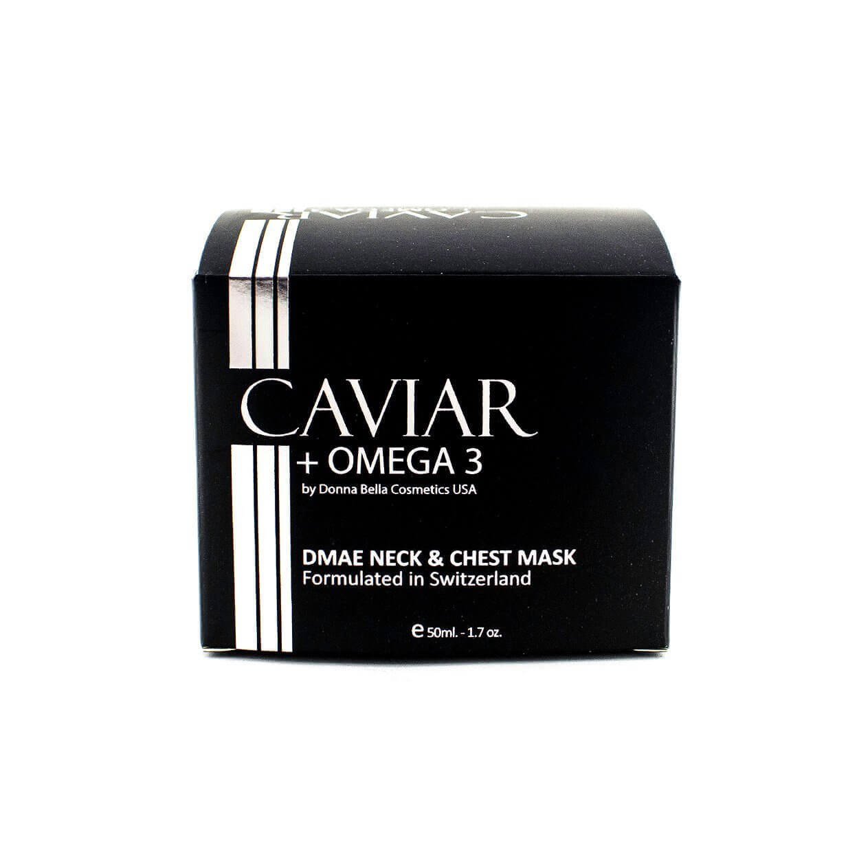 DMAE Neck & Chest Mask box by Donna Bella, featuring Caviar + Omega 3, formulated in Switzerland.