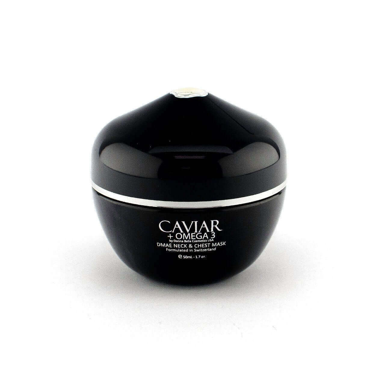 Caviar + Omega 3 DMAE Neck & Chest Mask jar for skin lifting, moisturizing, and wrinkle reduction.