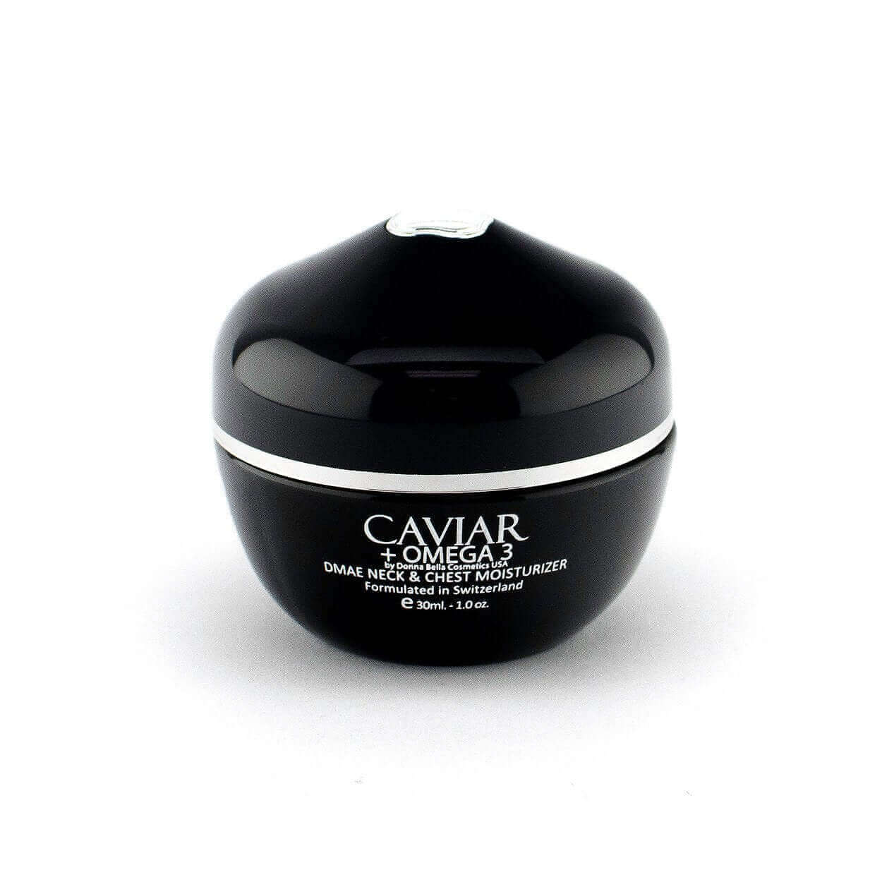 DMAE Neck & Chest Moisturizer Caviar + Omega 3 in sleek black jar, enhances skin tone, reduces wrinkles, and boosts collagen.