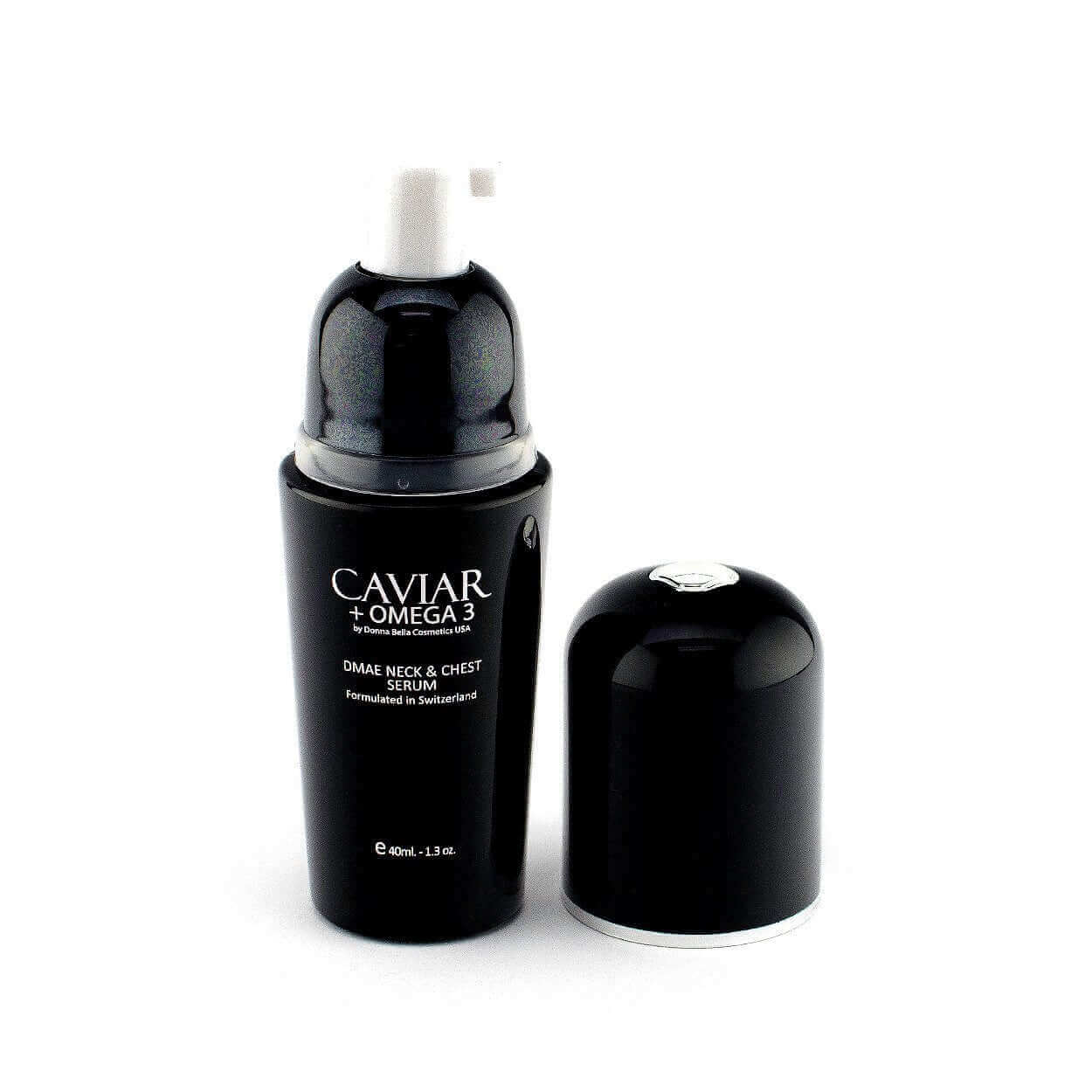 DMAE Neck & Chest Serum with Caviar and Omega 3 in sleek black packaging for skin rejuvenation and wrinkle reduction.