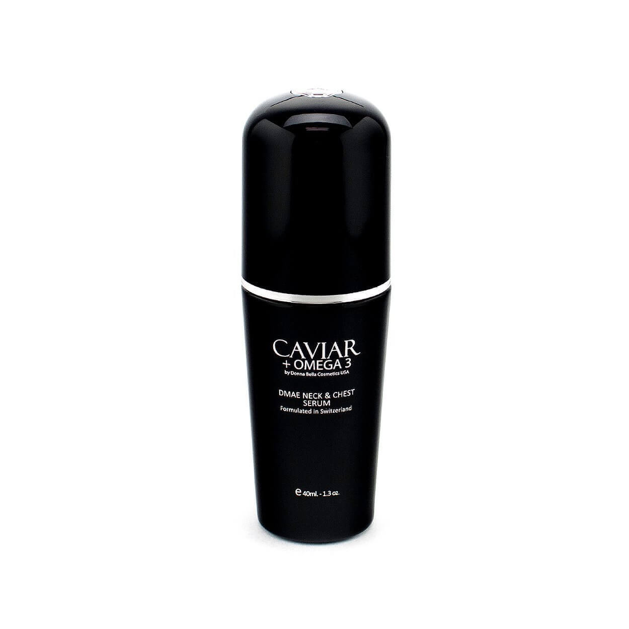 Caviar + Omega 3 DMAE Neck & Chest Serum in sleek black bottle, designed for lifting and moisturizing skin.