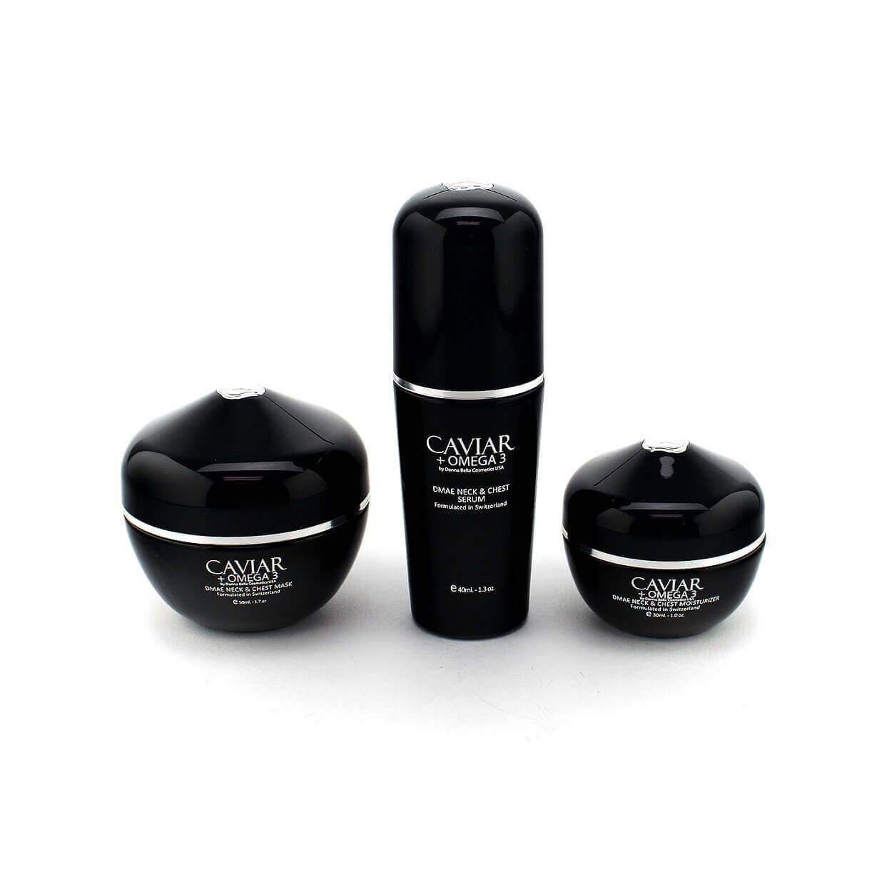 DMAE + Caviar + Omega 3 skincare set featuring lifting neck mask and moisturizer.