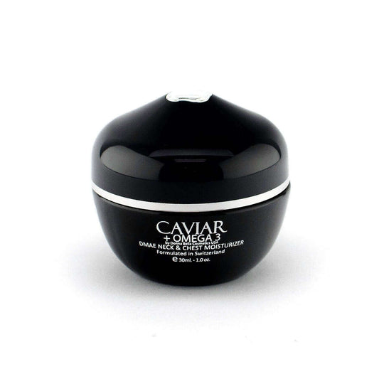 DMAE Neck & Chest Moisturizer by Donna Bella in sleek black jar, enriched with Caviar and Omega 3 for firm skin.