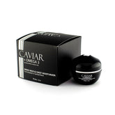 DMAE Neck & Chest Moisturizer with Caviar & Omega 3 in elegant black jar and box packaging.
