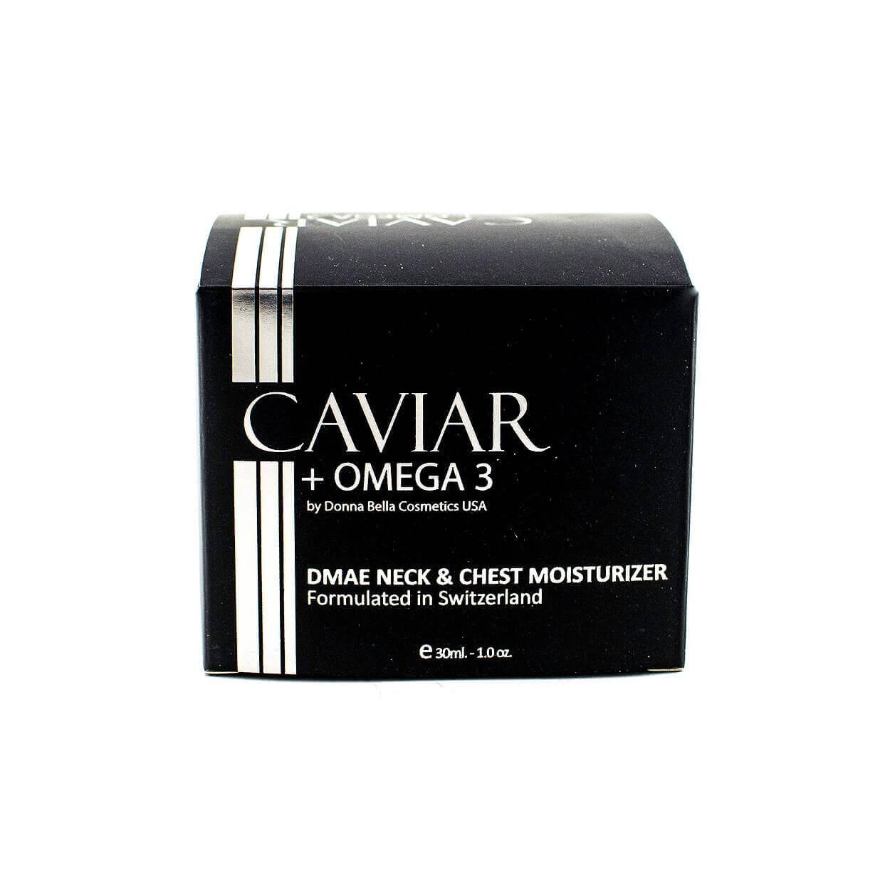 DMAE Neck & Chest Moisturizer by Donna Bella, caviar + omega 3, lightweight skincare cream in black box packaging.