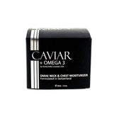DMAE Neck & Chest Moisturizer by Donna Bella, caviar + omega 3, lightweight skincare cream in black box packaging.