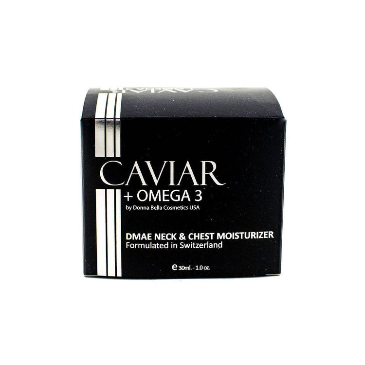 DMAE Neck & Chest Moisturizer by Donna Bella, caviar + omega 3, lightweight skincare cream in black box packaging.