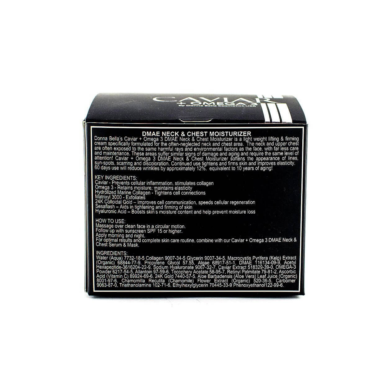 DMAE Neck & Chest Moisturizer box showing ingredients and usage instructions for skin care.