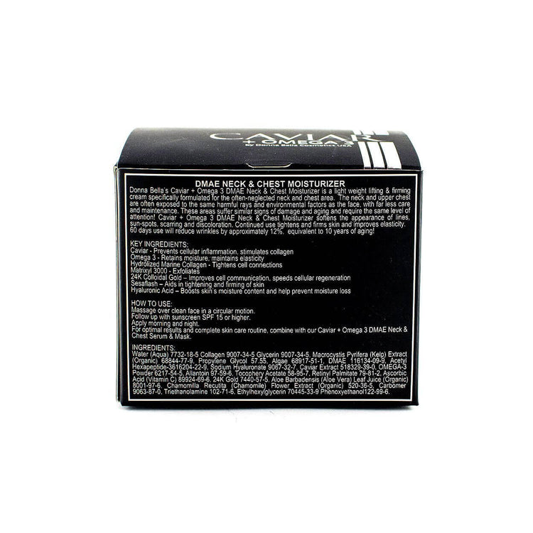 DMAE Neck & Chest Moisturizer box showing ingredients and usage instructions for skin care.