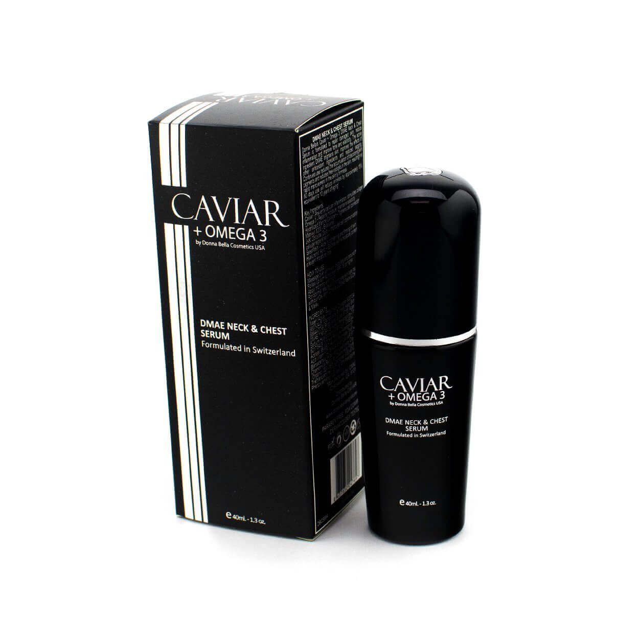 DMAE Neck & Chest Serum by Donna Bella, featuring caviar and omega 3, in a sleek black bottle with packaging.