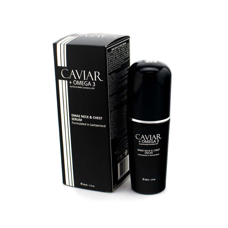 DMAE Neck & Chest Serum by Donna Bella, featuring caviar and omega 3, in a sleek black bottle with packaging.