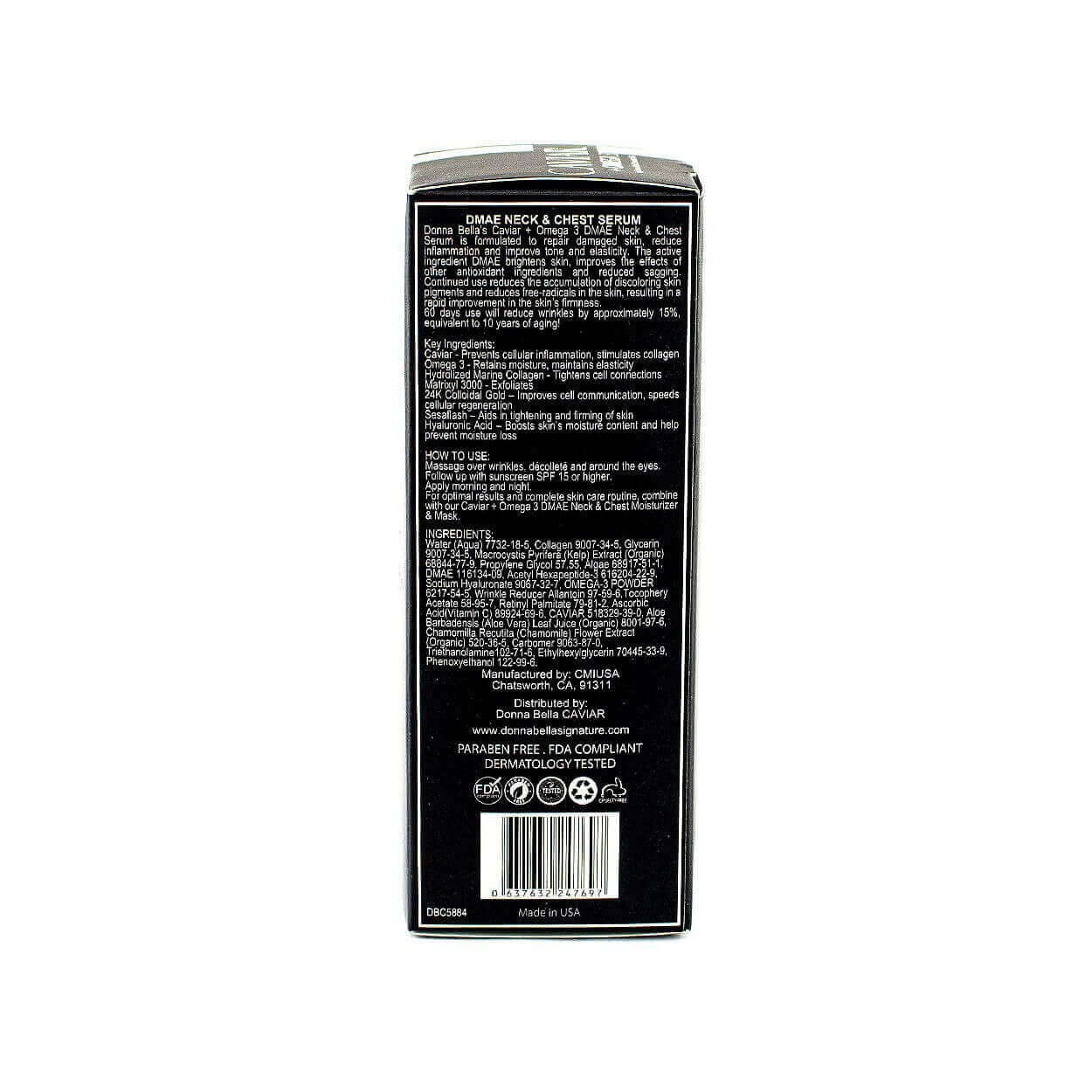 Back of DMAE Neck & Chest Serum box detailing ingredients and usage instructions.