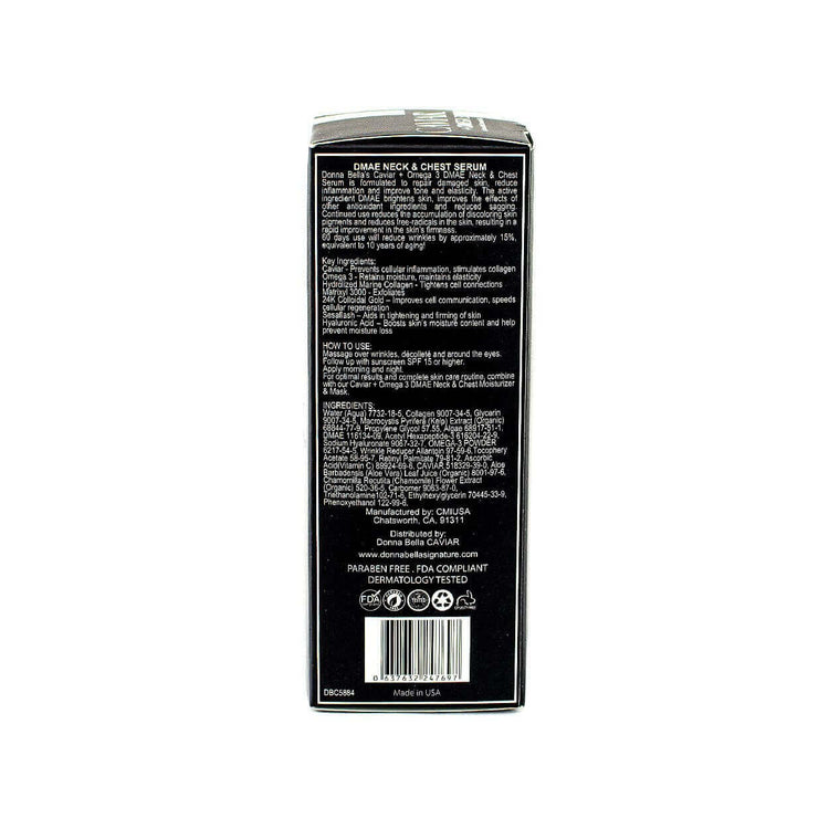 Back of DMAE Neck & Chest Serum box detailing ingredients and usage instructions.