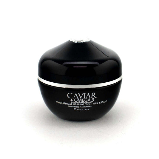 Hydrating & Healing Nighttime Cream in a sleek black jar, formulated with Caviar and Omega 3 for replenished, youthful skin.