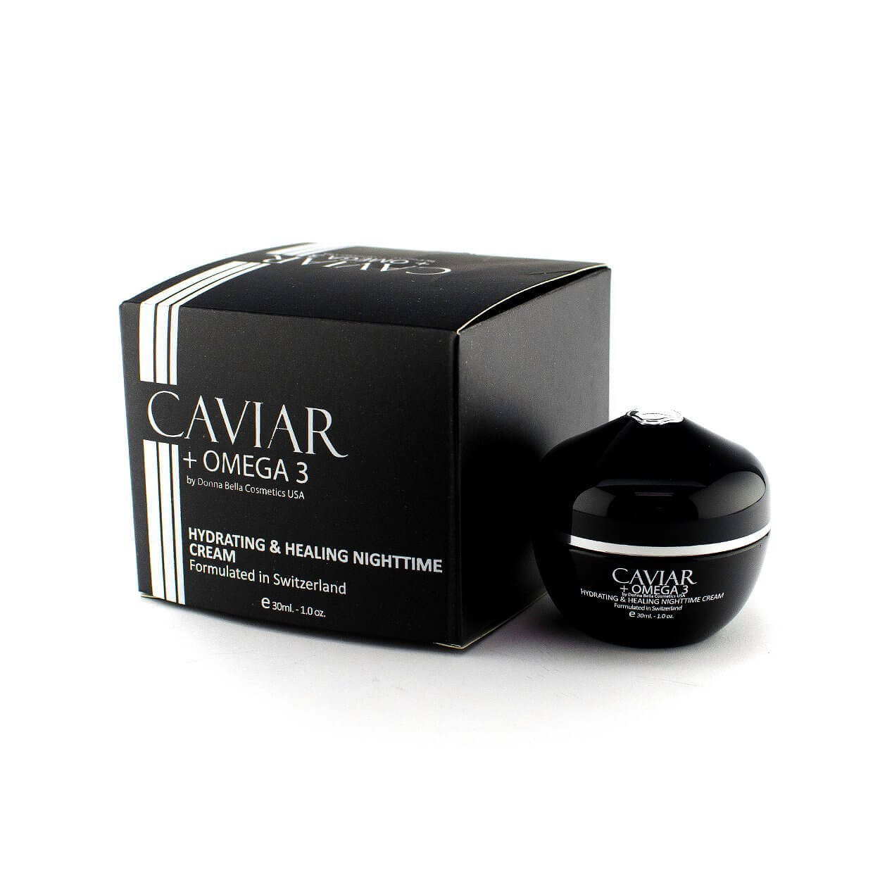 Hydrating & Healing Nighttime Cream by Donna Bella in sleek black jar with caviar and Omega 3 packaging, formulated in Switzerland.