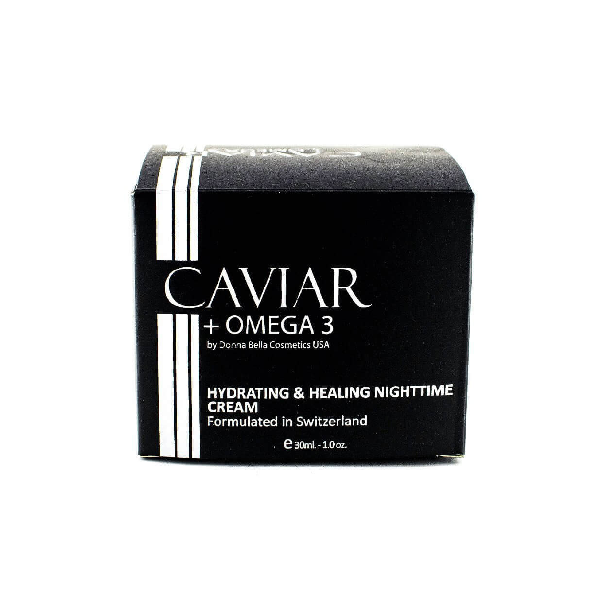 Donna Bella Caviar + Omega 3 Hydrating & Healing Nighttime Cream box, 30ml designed for skin hydration and repair.