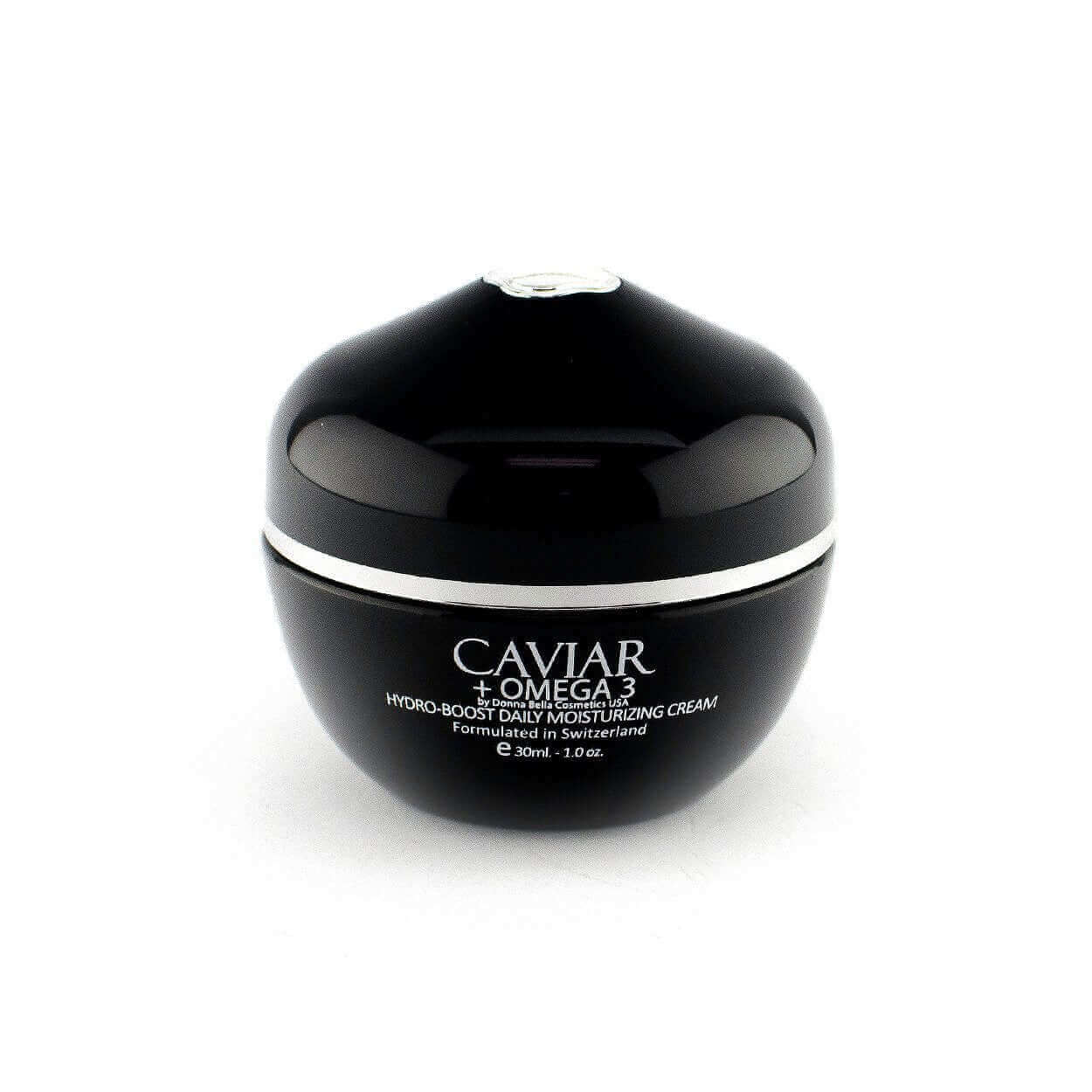 Hydro-Boost Daily Moisturizing Cream in a sleek black jar with silver accents, enriched with caviar and omega 3.