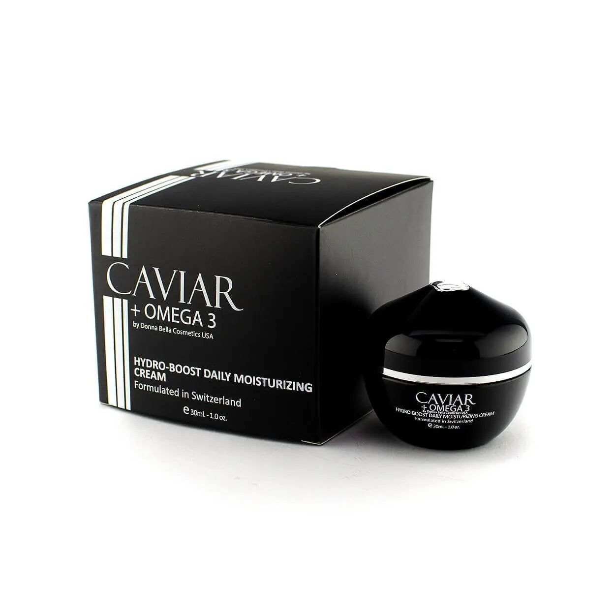 Hydro-Boost Daily Moisturizing Cream by Donna Bella, with Caviar and Omega 3, packaged in a sleek black box.