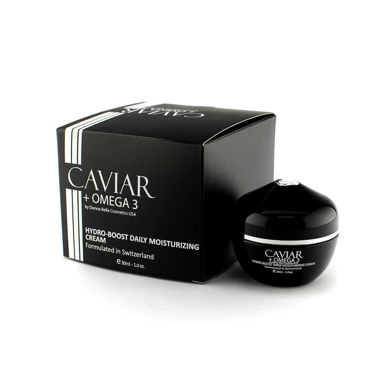 Hydro-Boost Daily Moisturizing Cream by Donna Bella, with Caviar and Omega 3, packaged in a sleek black box.