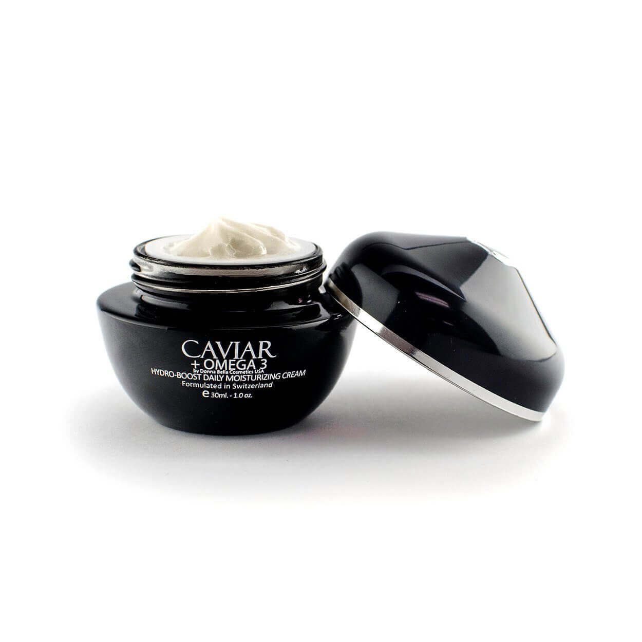 Hydro-Boost Daily Moisturizing Cream in a sleek black jar with lid open, showcasing creamy texture.