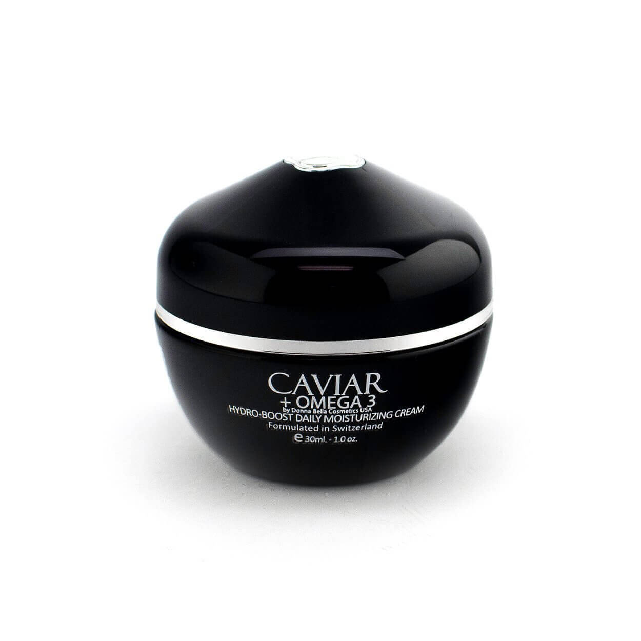 Caviar Omega 3 Hydro-Boost Daily Moisturizing Cream in a sleek black jar, formulated in Switzerland.