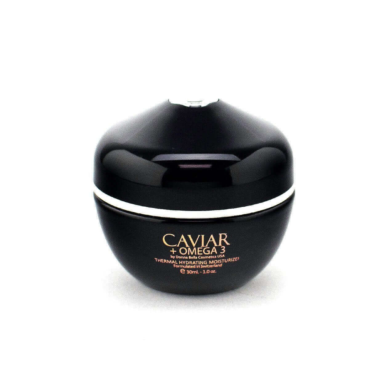 Caviar + Omega 3 Thermal Hydrating Moisturizer cream in stylish black container for smooth, hydrated skin.