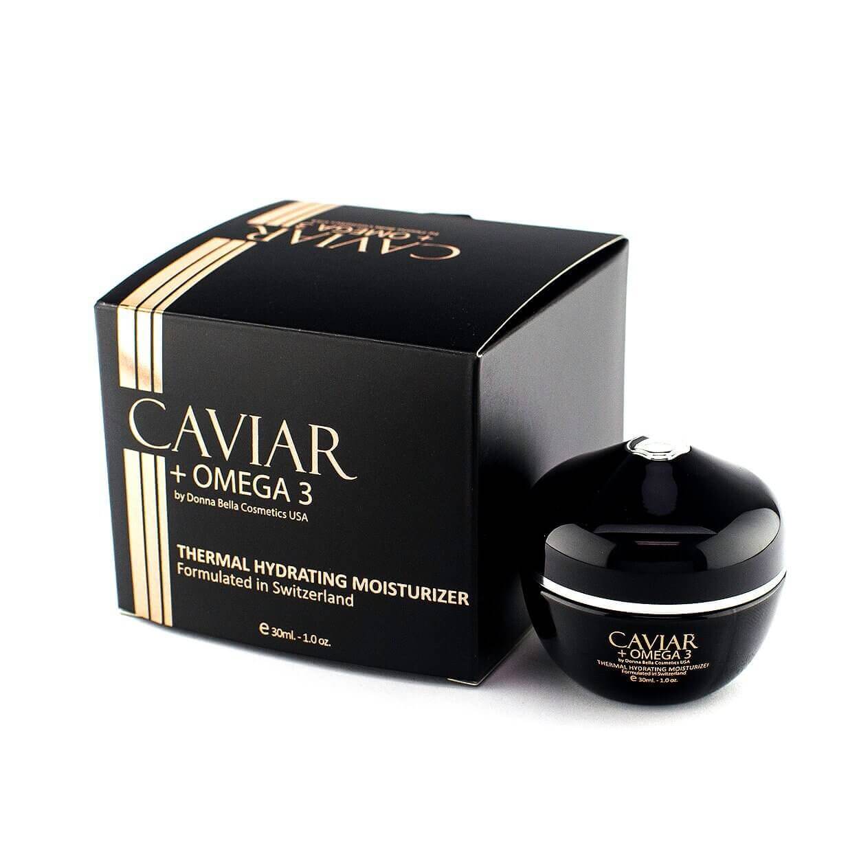 Thermal Hydrating Moisturizer by Donna Bella with Caviar and Omega 3 in elegant packaging, designed for skin hydration.