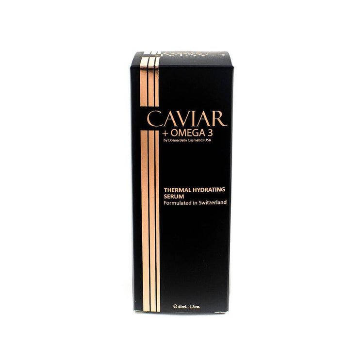 Thermal Hydrating Serum packaging by Donna Bella, featuring Caviar + Omega 3, designed to hydrate and reduce fine lines.
