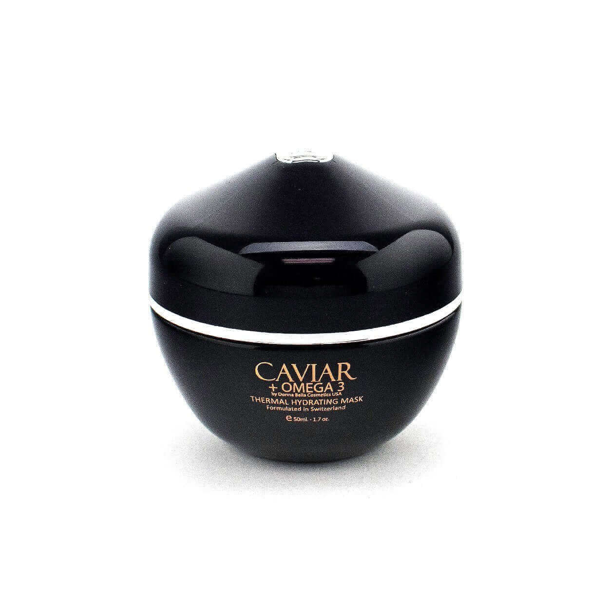 Donna Bella Caviar + Omega 3 Thermal Hydrating Mask in a sleek black jar for glowing skin and improved elasticity.