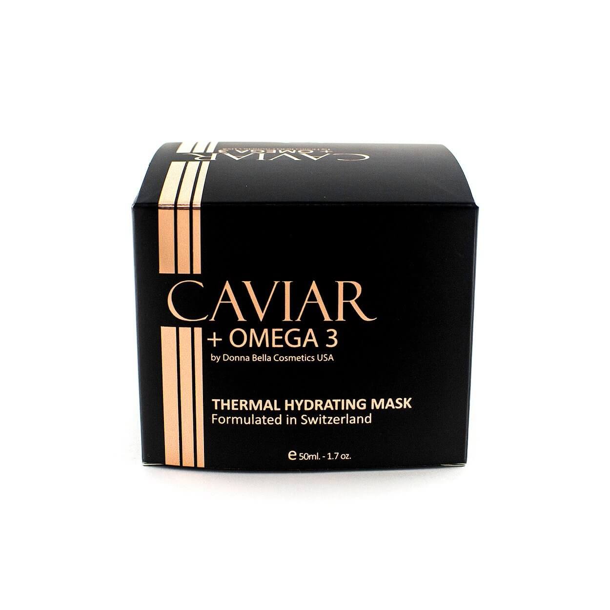 Donna Bella's Caviar + Omega 3 Thermal Hydrating Mask box, 1.7 oz, formulated in Switzerland for glowing skin.