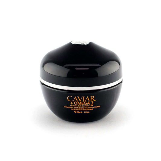 Caviar and Omega 3 Vitamin C Skin Brightening Cream, targeting dullness and improving hydration in a sleek black jar.