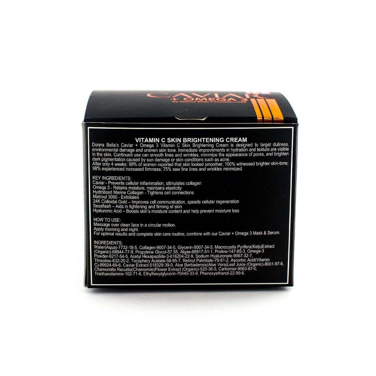 Label of Donna Bella's Vitamin C Skin Brightening Cream with ingredient list and usage instructions.