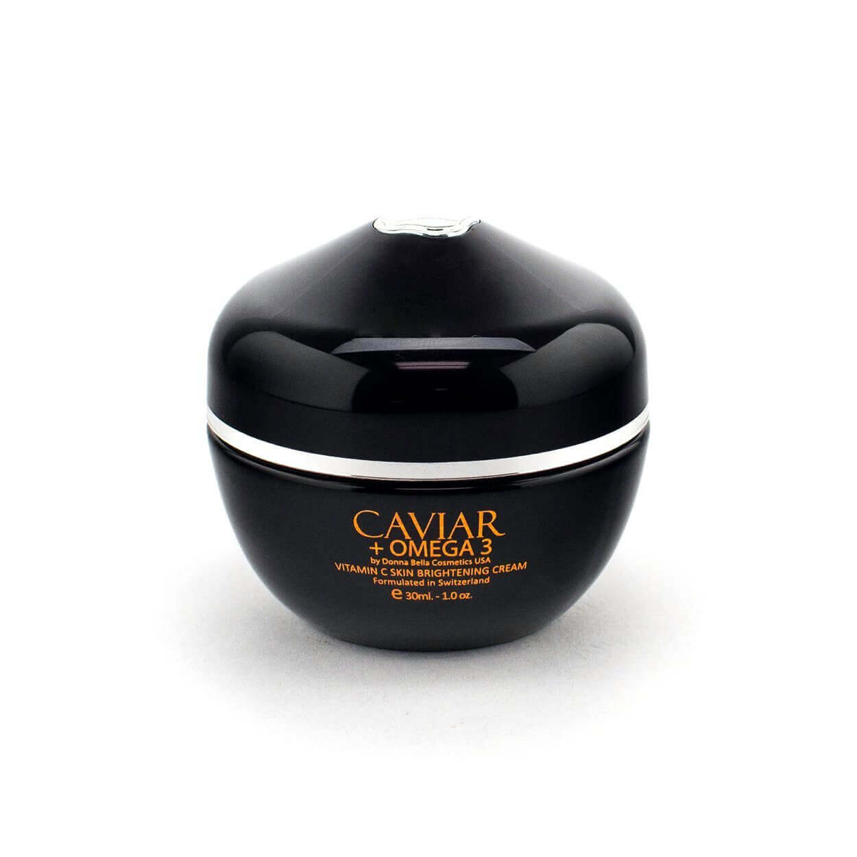 Donna Bella Vitamin C Skin Brightening Cream in a sleek black jar for brightening and hydrating dull skin.