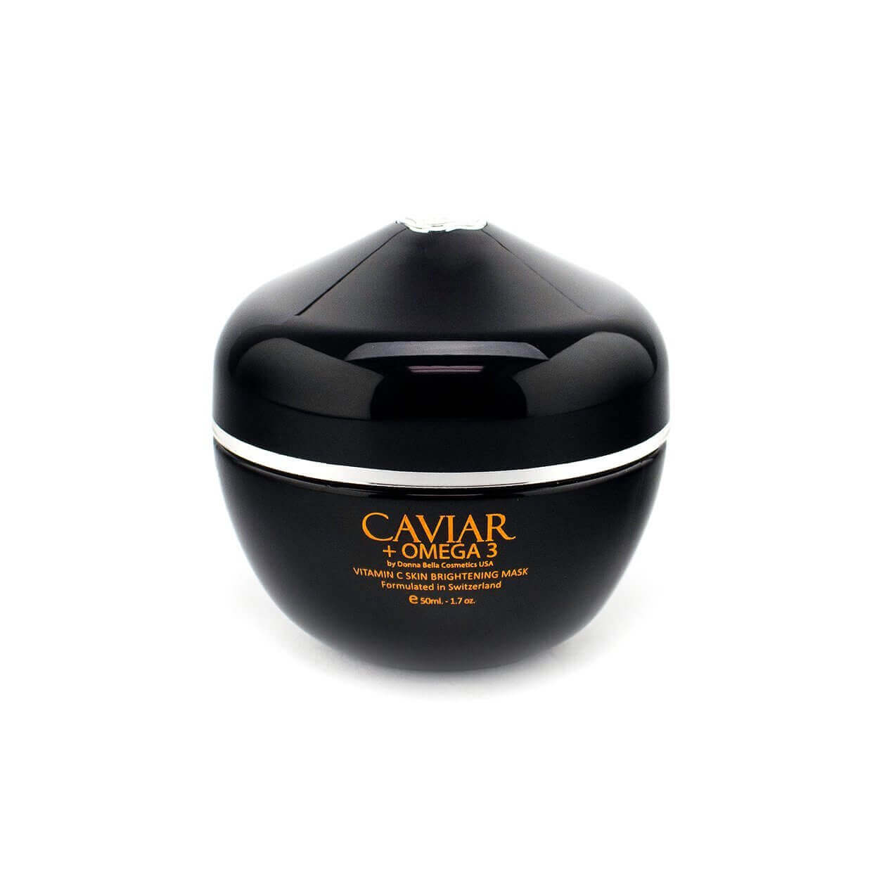 Vitamin C Skin Brightening Mask in a sleek black jar with gold label, infused with Caviar and Omega 3 for radiant skin.