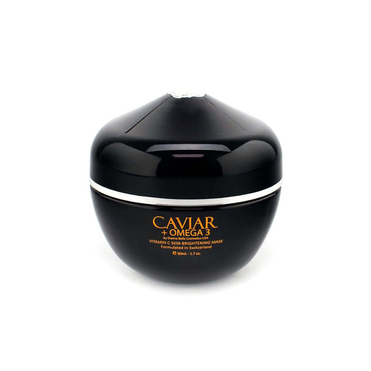 Vitamin C Skin Brightening Mask in a sleek black jar with gold label, infused with Caviar and Omega 3 for radiant skin.