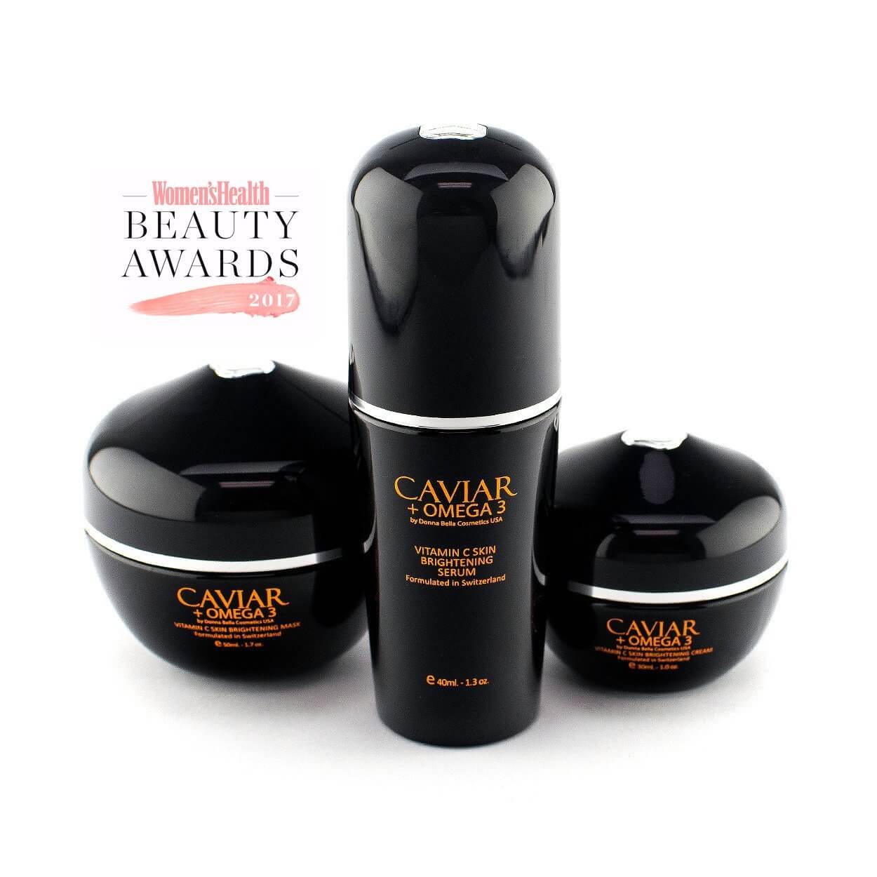 Vitamin C Skin Brightening Set featuring Caviar, Omega 3, and beauty award recognition for effective skincare.