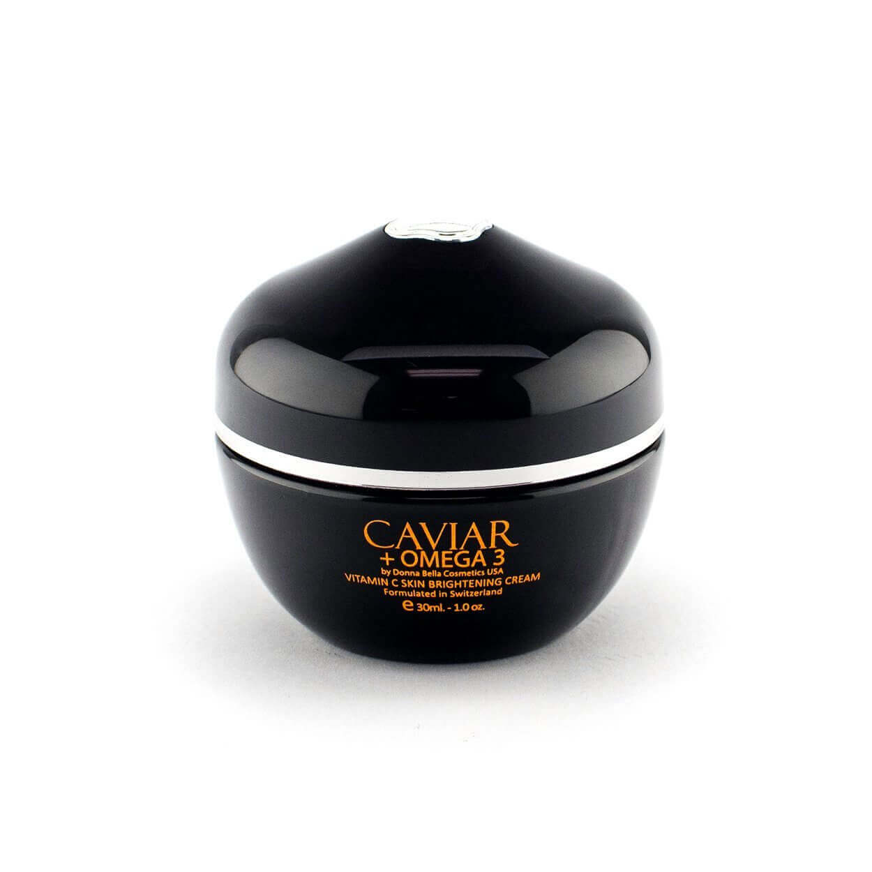 Caviar + Omega 3 Vitamin C Skin Brightening Cream in a sleek black jar, designed to illuminate and firm sun-damaged skin.