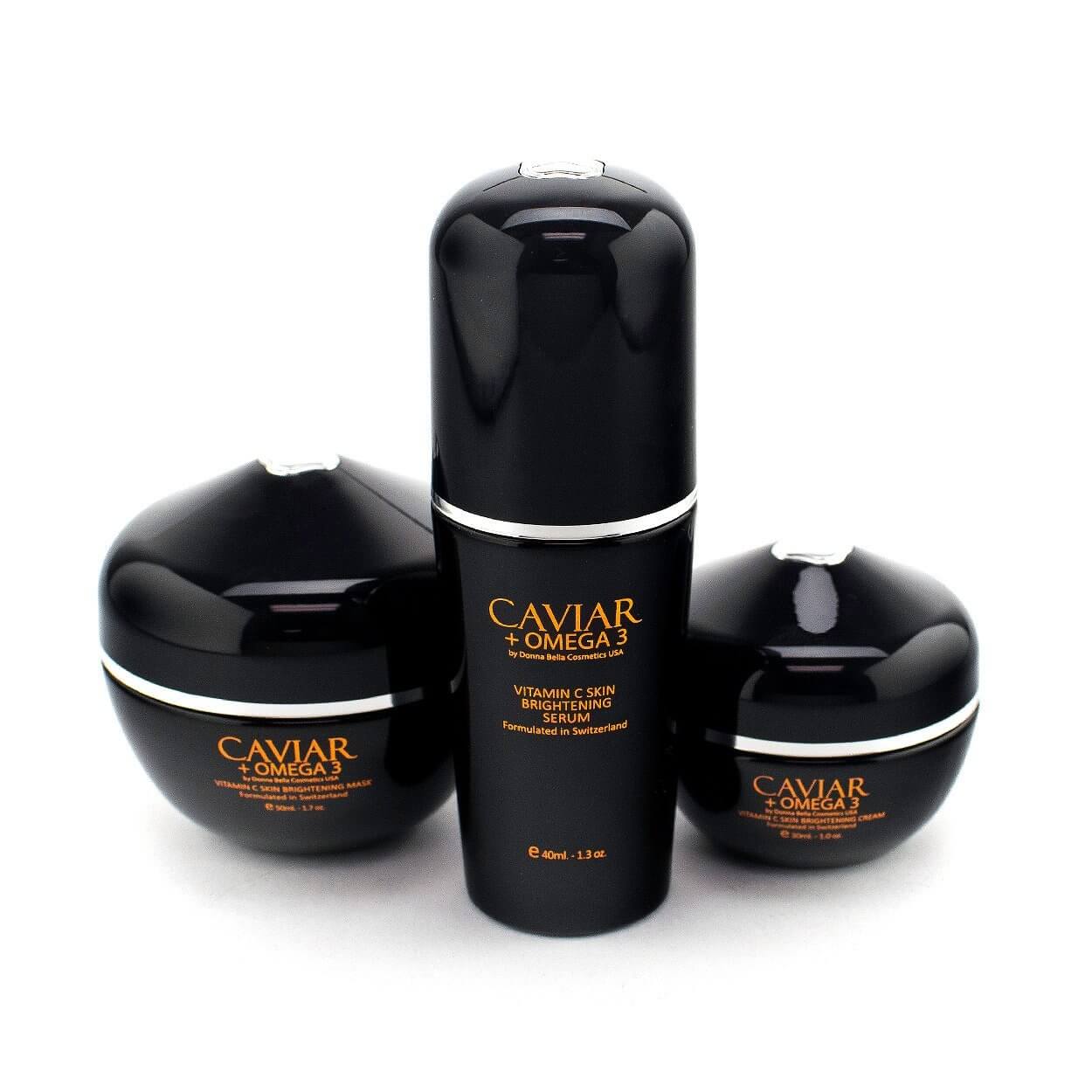 Vitamin C Skin Brightening Set featuring Caviar and Omega 3 masks and serum for healthy, luminous skin.