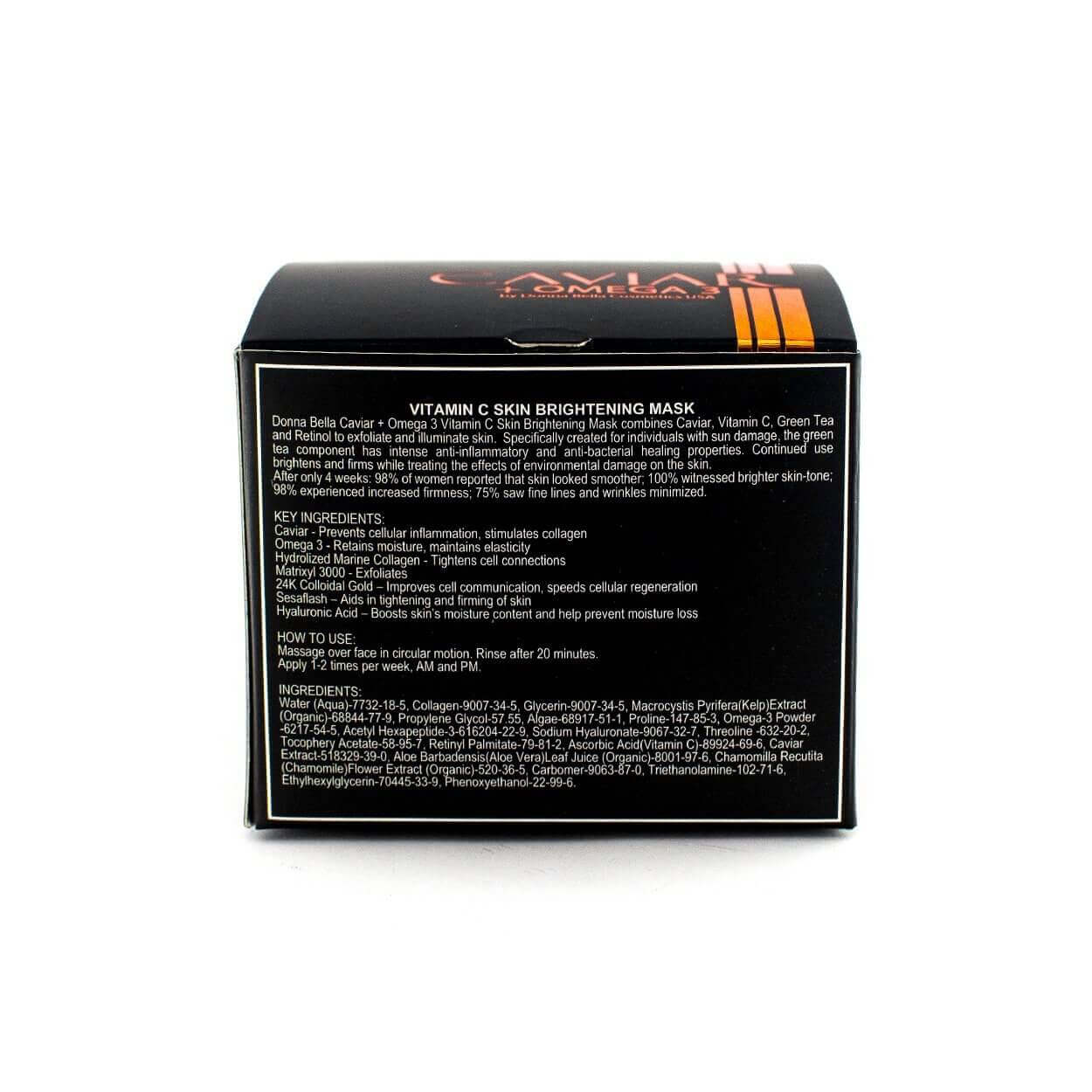 Vitamin C Skin Brightening Mask by Donna Bella, featuring key ingredients and usage instructions on box.