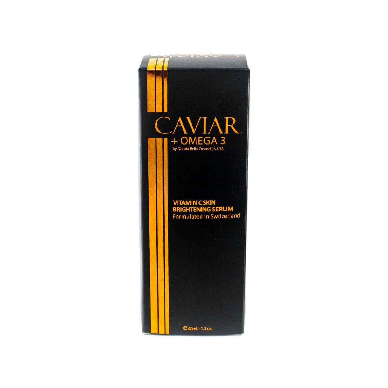 Vitamin C Skin Brightening Serum by Donna Bella with Caviar and Omega 3, formulated in Switzerland, in sleek black packaging.