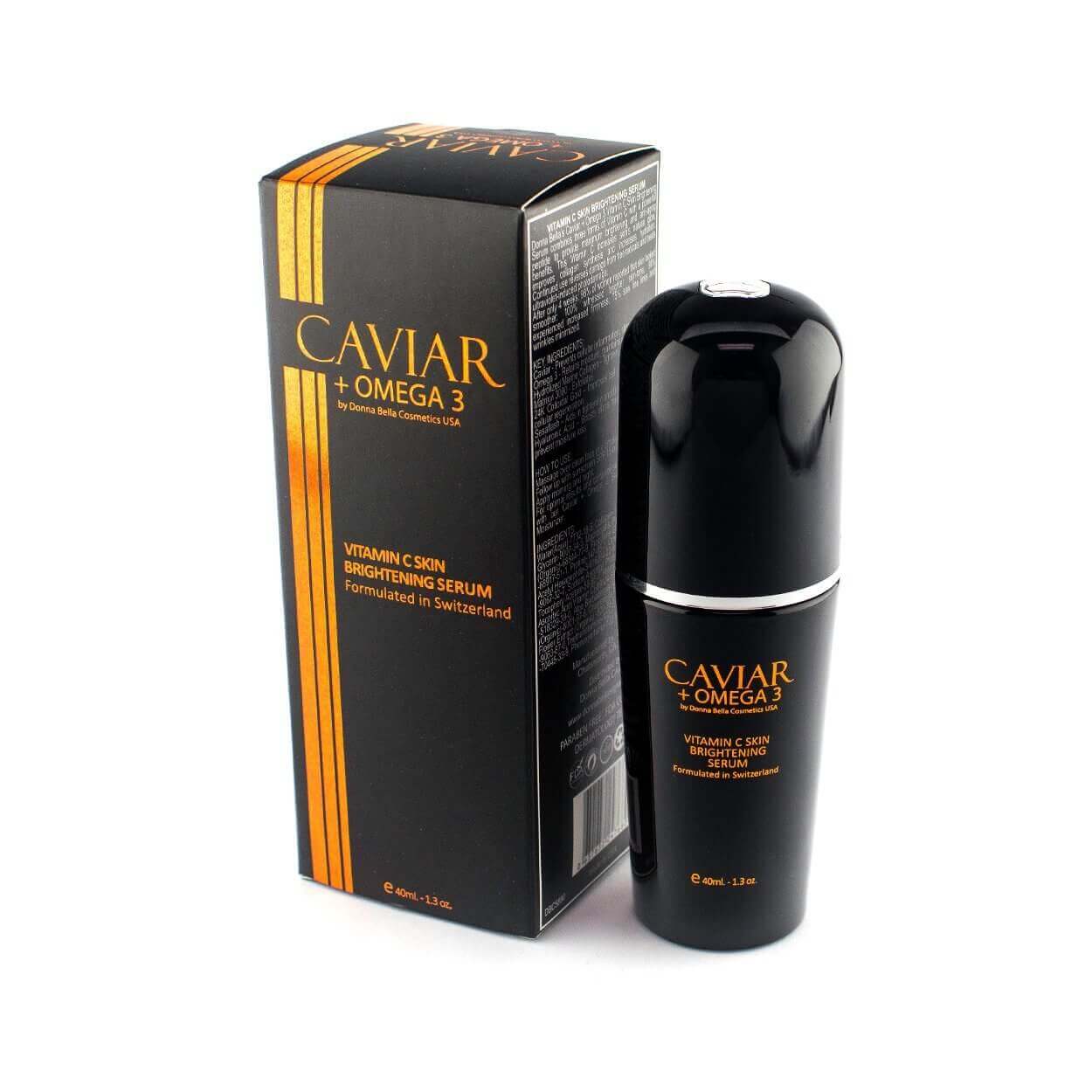 Vitamin C Skin Brightening Serum with Caviar and Omega 3, in sleek black packaging, for radiant skin.