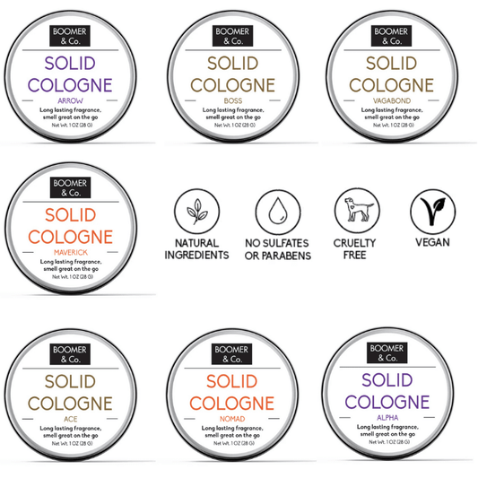 Collection of Boomer & Co. solid colognes featuring unique scents in convenient tins, all natural and cruelty-free.