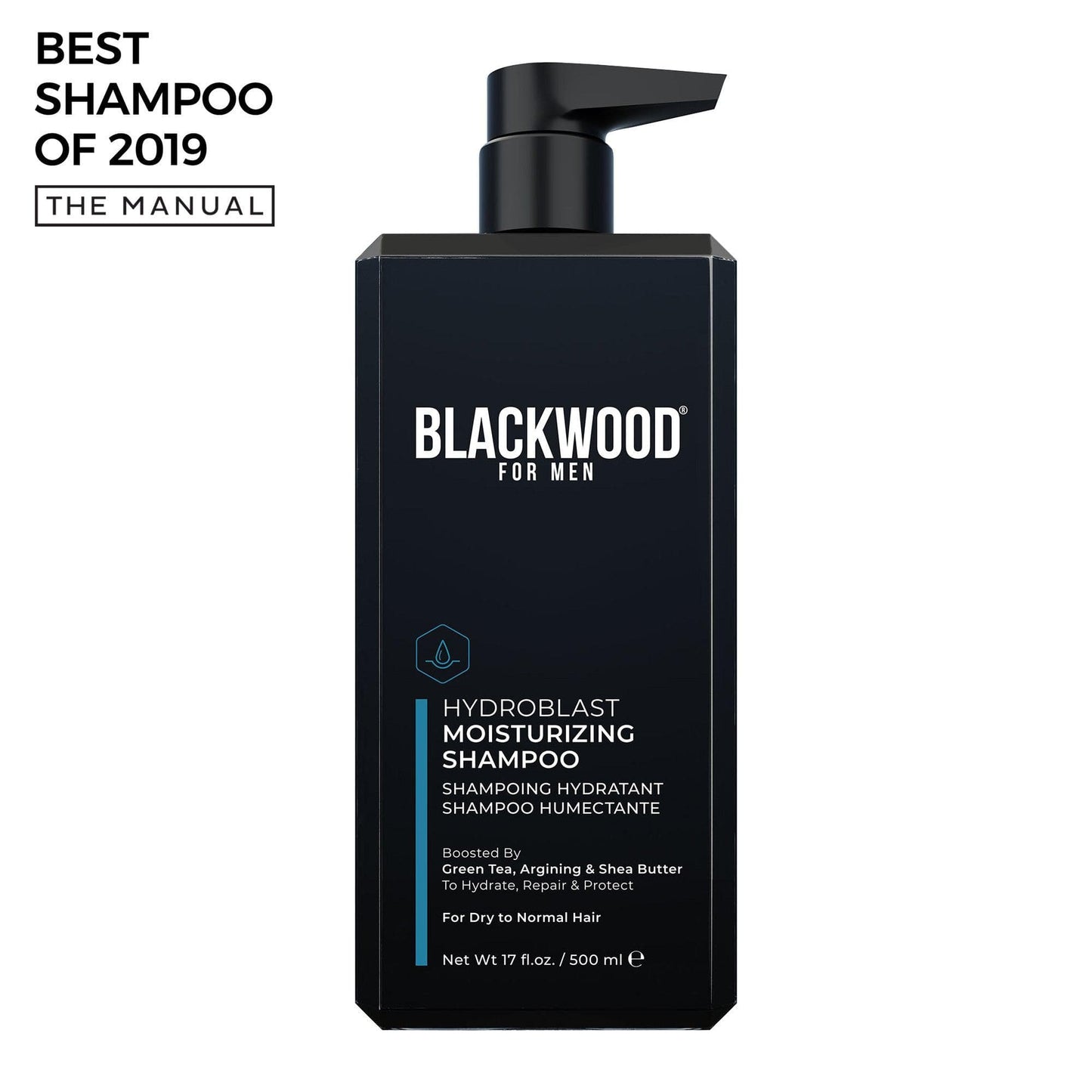 HydroBlast Moisturizing Shampoo by Blackwood, Best Shampoo of 2019, enriched with Ginseng and Shea Butter for hydration.